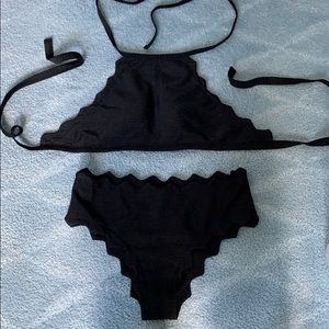 Black scalloped trim halter bikini set - small